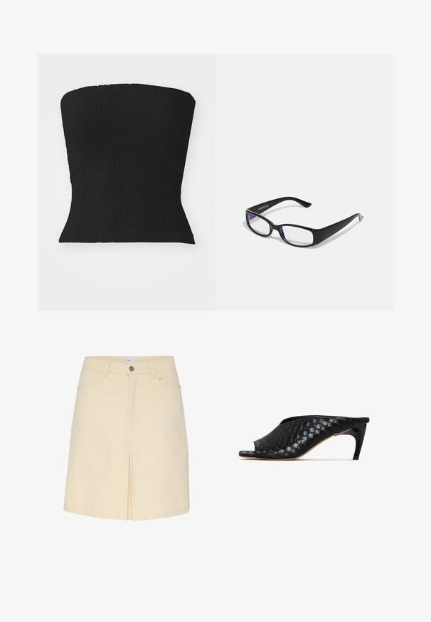 Fekete pánt nélküli felső, texturált mintával, strukturált formával és testhez simuló dizájnnal, látható zárak vagy díszítések nélkül.; Világos bézs farmer szoknya elöl hasítékkal, standard derékkal és klasszikus ötpocket dizájnnal. Sima textúra és minimalista stílus.; Fekete szőtt mules nyitott orral és kecses, ívelt sarokkal. Az anyag fényes felületű, strukturált, kockás mintával.; Fekete téglalap alakú szemüveg, átlátszó lencsékkel. Fényes felület, keskeny szárak, és lila árnyalat látható a lencsék szélén.; Fekete bőrtáska ívelt formával, ezüst szegecsekkel a varrás mentén. A modellen csíkos ujjatlan póló és fekete rövidnadrág látható.