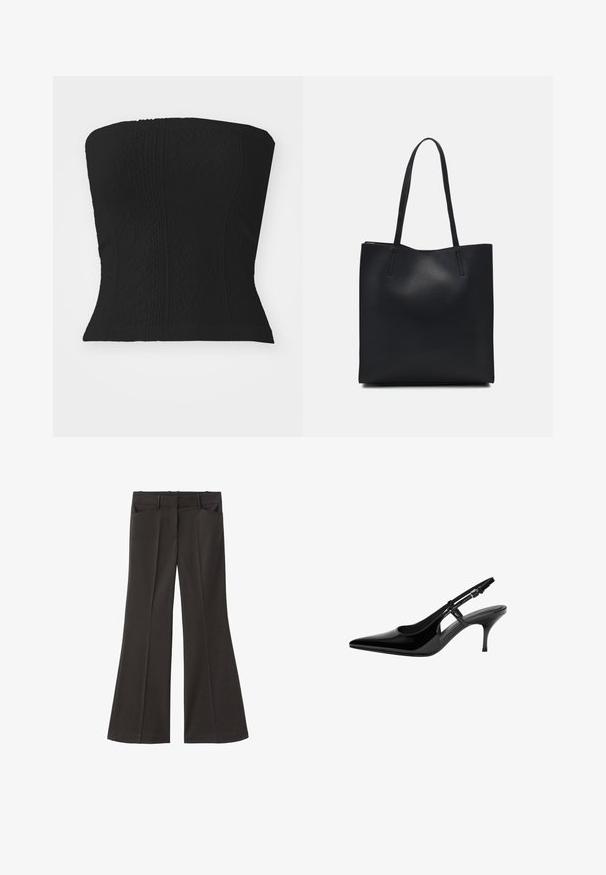 Czarna gorsetowa bluzka bez ramiączek z teksturowanym wzorem, usztywnionym krojem i dopasowanym fasonem, bez widocznych zapięć czy zdobień.; Czarne spodnie z szerokimi nogawkami i wysokim stanem; posiadają dwie przednie kieszenie oraz gładką teksturę materiału. Idealne na różne okazje.; Czarne lakierowane pantofle typu slingback z wydłużonym noskiem, otwartymi bocznymi wycięciami, smukłym obcasem i regulowanym zapięciem na kostkę.; Czarna skórzana torba tote o gładkiej fakturze, prostokątnym kształcie i dwóch długich uchwytach. Brak widocznych elementów metalowych i ozdób.