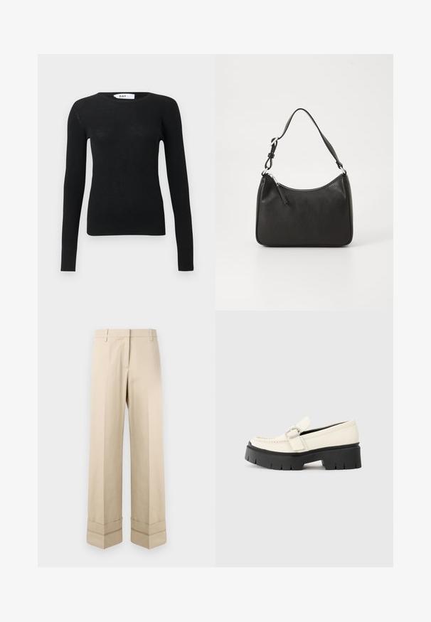 Musta ribaga pikka varrukaga ümar kaelusega sviiter, millel on keha kallak ja nähtav brändi silt kaeluses.; Beezid püksid sirge lõikega, millel on kaksikkant allservas ja lame esikülg. Valmistatud siledast ja vastupidavast kangast.; Valge nahast loafer, millel on massiivne must platvormi tald, neljakandiline hõbedane pandla ja nähtavalt õmblusdetail ülaserval.; Must musta käekott, millel on kumer kuju, üks rihm, lukuga sulgemine ja peen brändimine esiküljel. Sile tekstuur, minimalistlik disain.