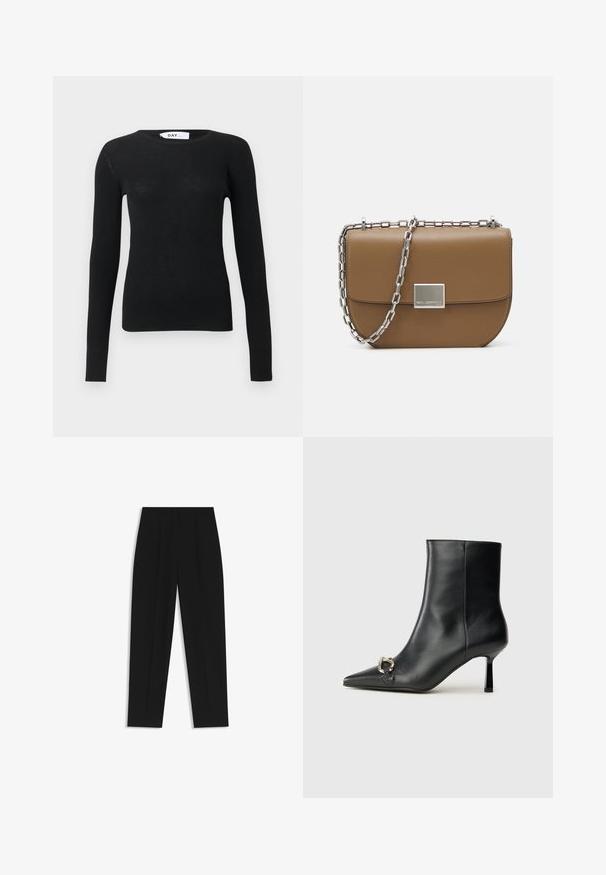 Maglione nero a maniche lunghe con collo a giro e silhouette aderente, etichetta del marchio visibile all'interno del colletto.; Pantaloni neri a taglio dritto, con doppie pieghe, una texture liscia e un design classico in vita. Nessun hardware o dettaglio visibile.; Stivale alla caviglia in pelle nera con punta affusolata, tacco sottile di media altezza e dettaglio in fibbia argentata sul lato, su sfondo semplice.; Borsa a tracolla in pelle marrone con forma curva, tracolla in catena argentata e dettaglio della chiusura quadrata in metallo sul davanti.