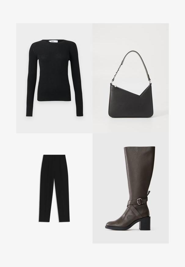 Zwarte geribbelde lange mouwen crew neck sweater met een getailleerde pasvorm en zichtbaar merklabel in de kraag.; Zwarte broeken met een rechte pasvorm, voorzien van dubbele plooien, een zachte textuur en een klassiek taillebandontwerp. Geen zichtbare hardware of accenten.; Donkerbruine leren laars tot de knie met een middelhoge blokhak en een decoratieve riem met zilveren gesp rond de enkel.; Zwart leren handtas met een driehoekige vorm, een slanke strap en zilveren hardware. Voorzien van een ritssluiting en een reliëflogo op de voorkant.