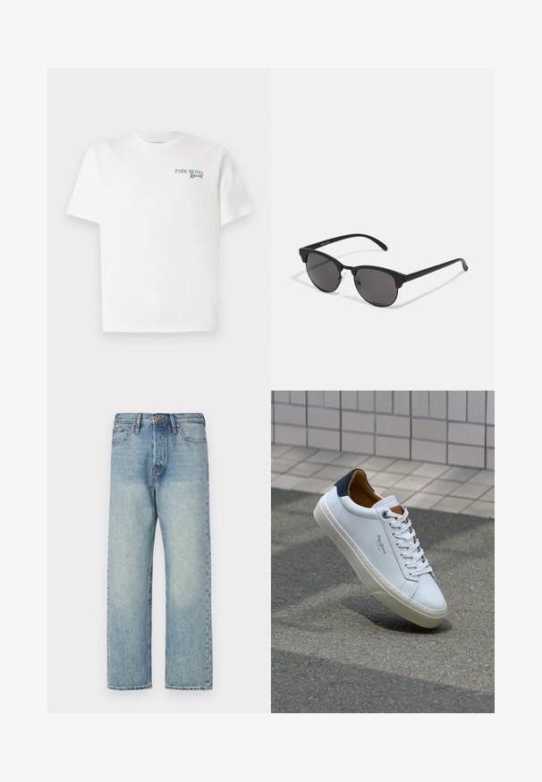 T-shirt en coton blanc avec un col ras du cou. Le devant présente un texte vert : "PARK MOTEL Resort." Manches courtes et coupe décontractée. Texture lisse.; Jeans en denim bleu clair avec une coupe droite, cinq poches et des détails en bronze. Légère décoloration avec une finition propre.; Sneaker en cuir blanc avec un talon bleu marine, bout rond et accents marron contrastés. Dispose de lacets plats et d'une semelle en caoutchouc texturée.; Lunettes de soleil noires avec des verres ronds, finition mate et une forme distinctive en œil de chat. Monture fine avec un logo discret sur la branche gauche.