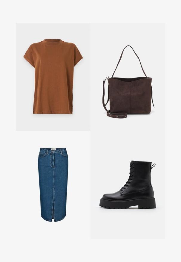 Brun kortærmet t-shirt med rund hals, lavet af blødt, let stof. Enkel design uden mønstre eller dekorationer.; Denim blyantskørt i mørkeblå, med en forslidse, fem lommer og kontrasterende syninger. Mellem høj talje med et klassisk design.; Sorte læder ankelstøvler med rund tå, snørebånd foran og en tyk gummisål med struktureret slidbane. Hæfteløkke bagpå.; Brun ruskinds tote bag med en blød tekstur, der har en enkelt skulderrem og en diskret buet topåbning. Ingen synlige hårde detaljer.