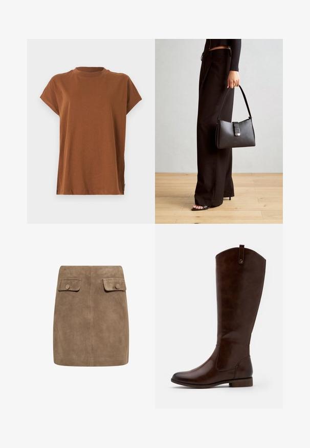 Hnedé tričko s krátkym rukávom a okrúhlym výstrihom, vyrobené z mäkkej a ľahkej látky. Jednoduchý dizajn bez akýchkoľvek vzorov alebo ozdôb.; Hnedá semišová mini sukňa s hladkou textúrou, ktorá má dva predné vrecká s klopou a gombíkové zapínanie na každej strane. Jednoduchý, rovný dizajn.; Hnedé čižmy po kolená vyrobené z hladkej kože, s okrúhlou špičkou, nízkym zúženým podpätkom a jemným prešívaním pozdĺž strán.; Čierna kabelka so štruktúrovaným tvarom, hladkou textúrou a kovovou sponou. V kombinácii so širokými čiernymi nohavicami a sandálmi s otvorenou špičkou na drevenej podlahe.