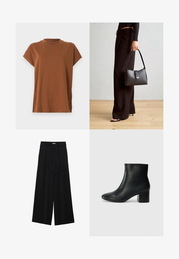 Brun kortermet t-skjorte med rund hals, laget av myk, lett stoff. Enkelt design uten mønstre eller pynt.; Svart vide bukser med teksturert stoff, elastisk midje og avtagbart belte som gir justerbar passform.;  Sorte skinn ankelsko med spiss tå og chunky hæl. Glatt tekstur med minimale detaljer og et elegant, tettsittende design.; Svart håndveske med strukturert form, jevn tekstur og metallisk lås. Kombinert med brede svarte bukser og sandaler med åpen tå på tregulv.
