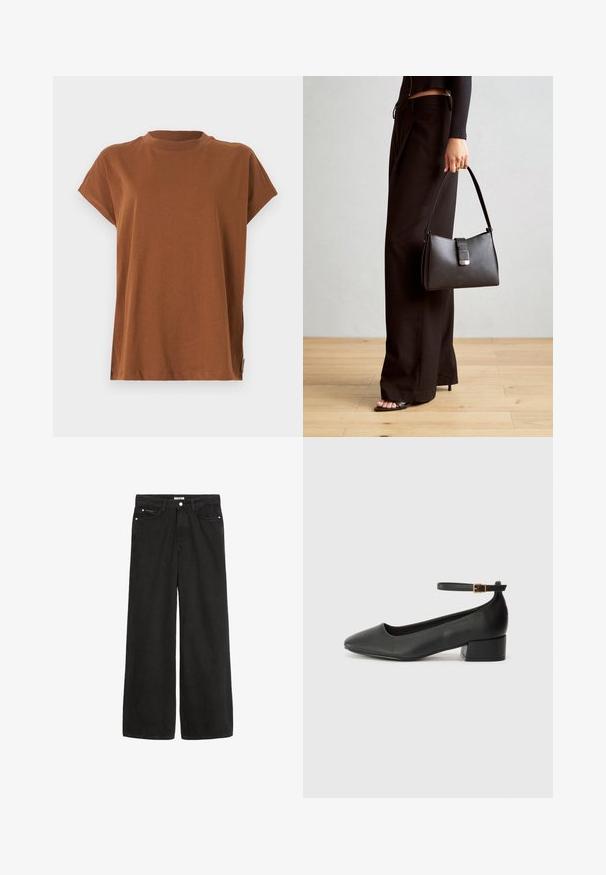 Brun kortærmet t-shirt med rund hals, lavet af blødt, let stof. Enkel design uden mønstre eller dekorationer.; Bredde ben sorte denim jeans med høj talje. Har fem lommer, metalhardware og en ren finish. Teksturen er glat og blød.; Sorte læderpumper med spids tå og en lav blokhæl. Har en ankelrem med en guldfarvet spænde. Glat tekstur.; Sort håndtaske med struktureret form, glat overflade og metalspænde. Sammen med brede sorte bukser og sandaler med åben tå på trægulv.