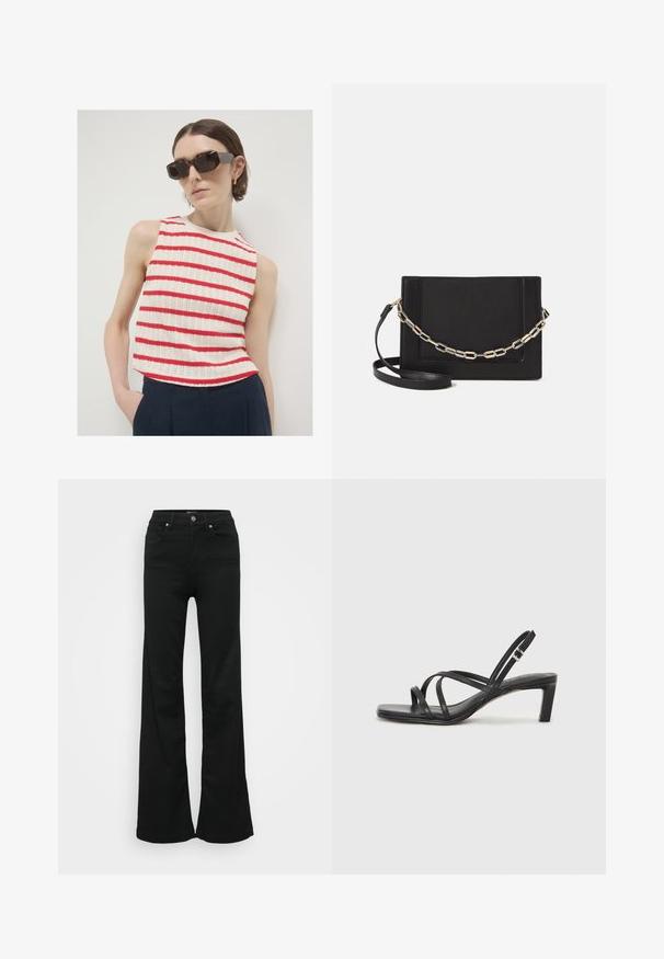 Calliope Top - var rosso; Jeans neri a zampa d'elefante realizzati in denim, con vita alta, cinque tasche e chiusura con bottone metallico. Texture liscia con dettagli minimi.; Sandalo nero con cinturini, dalla punta squadrata e tacco basso a blocco. Presenta diversi cinturini sottili e una cinturini regolabile alla caviglia. Realizzato in pelle liscia.; Borsa a tracolla nera in pelle con una texture liscia, forma rettangolare e dettaglio in catena metallica sul davanti. Inclusa una tracolla regolabile.