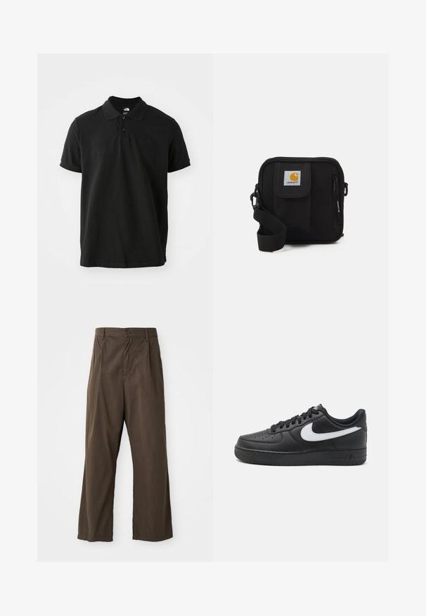 Čierne polo tričko vyrobené z bavlny, s klasickým golierom, krátkymi rukávmi a jemným tmavým logom na hrudi. Hladká textúra.; Hnedé, široké nohavice z bavlny s predným zapínaním na gombík, pútkami na opasok a hladkou, matnou textúrou.; Čierne tenisky Nike Air Force 1 s hladkým koženým zvrškom, bielym logom, perforovanou špičkou a textúrovanou gumovou podrážkou.; Čierna crossbody taška so zipsom, hlavnou priehradkou, prednou kapsou, nastaviteľným popruhom a viditeľnou nášivkou loga na klape.