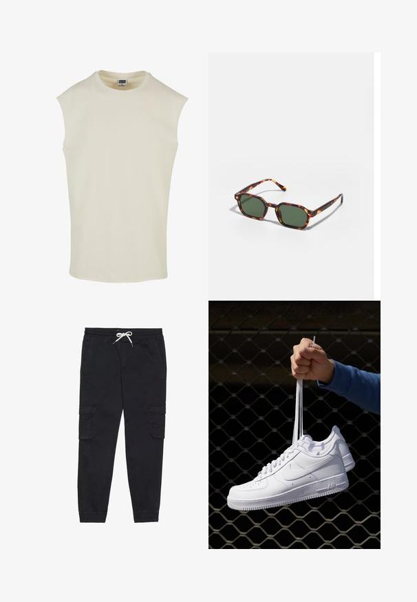 Haut sans manches en coton beige avec un col rond et un ourlet arrondi. Texture lisse, design minimaliste, sans motifs ni ornements.; Pantalons cargo noirs en coton, avec une taille élastique et un cordon de serrage, des poches latérales et des poignets fuselés.; Baskets en cuir blanc avec perforations, à bout rond, semelle plate et lacets épais, arborant un logo swoosh visible et "AIR" sur le talon.; Lunettes de soleil en écaille de tortue avec des verres verts, présentant une forme octogonale et des branches minces et courbées. Le matériau a une finition brillante.