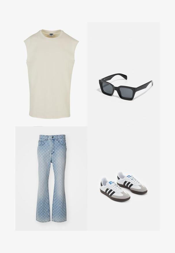 Beige ärmelloses Baumwolloberteil mit Rundhalsausschnitt und abgerundetem Saum. Glatte Textur, minimalistisches Design, keine Muster oder Verzierungen.; Hellblaue Jeans mit weitem Bein, die ein Allover-Logo-Muster, fünf Taschen, einen Knopfverschluss und eine leicht ausgebleichte Optik aufweisen.; Sportschuhe mit einem Obermaterial aus weißem Leder, grauer Wildleder-Zehenkappe und drei schwarzen Streifen. Sie verfügen über ein blaues Logo auf der Zunge und eine strukturierte Gummisohle.; Schwarze rechteckige Sonnenbrille mit dunklen Gläsern. Kunststoffrahmen mit glänzender Oberfläche, ausgestattet mit einer breiten Brücke und leicht verjüngten Bügeln.