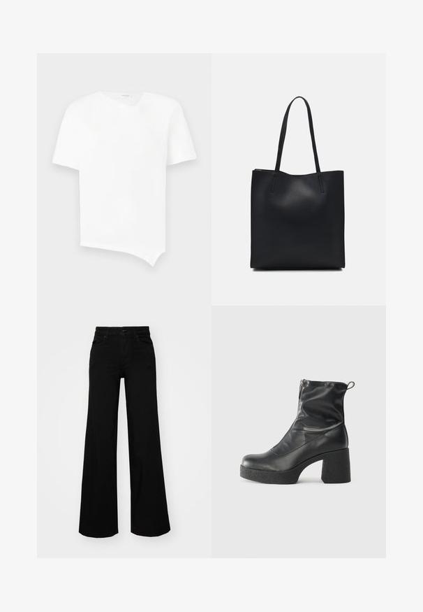 Bela kratka majica s kratkimi rokavi iz bombaža. Ima asymetričen rob in rahlo V-izrez s brezšivno zasnovo. Gladka tekstura.; Črne široke denim hlače s strukturiranim pasom, z zankami za pas in sprednjimi žepi. Gladka tekstura s klasičnim dizajnom.; Črne gležnjarje iz gladke kože z božnim zadrgo, masivnim teksturiranim peto in zaobljeno obliko prstov.; Črna usnjena torba s svilnato teksturo, pravokotne oblike in dvema dolgima ročajema. Brez vidnih metalnih delov ali okrasnih elementov.