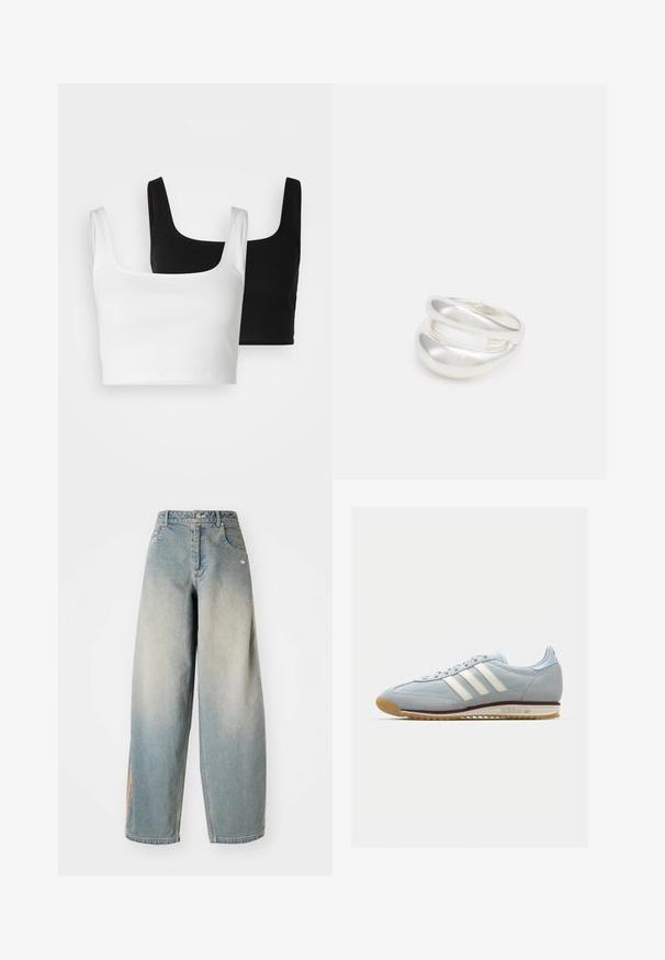 Even&Odd 2 PACK - Top - black/white; Lyseblå denim wide-leg jeans med en falmet finish. Har frontlommer, en knaplukning og et subtilt logo på taljen.; Lyseblå ruskinds sneaker med hvide tre striber, gummisål og tekstureret mesh. Har en glat tåhætte og branding på hælen.; Sølvring med dobbeltbånd og en glat, poleret overflade. Den har et flydende, buet design med overlappende sektioner for et moderne udtryk.