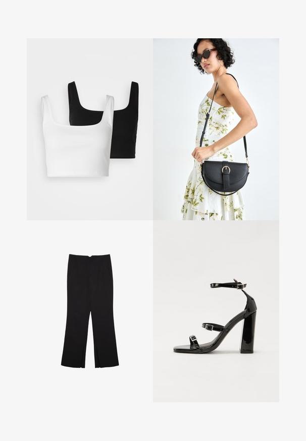 Even&Odd 2 PACK - Top - black/white; Sorte bukser med lige pasform, der har frontlommer og slidser i kanten. Lavet af blødt, glat stof. Velegnet til forskellige anledninger.; Sorte patenterede hælsandaler med firkantet tå, ankelremme og sølvspænder. Har en chunky blokHæl for stabilitet.; Sort læderhåndtaske med en buet form, aftagelig rem og guldfinish. Tasken har en klap med en spænde detalje.