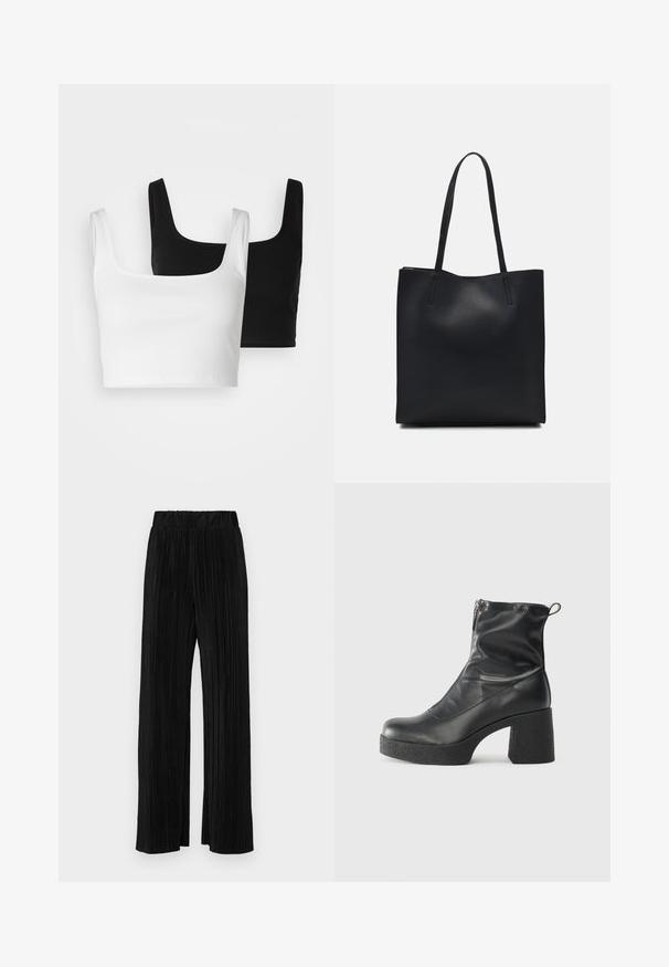 Even&Odd 2 PACK - Top - black/white; Čierne plisované nohavice s elastickým pásom. Majú široké nohavice a hladkú, textúrovanú látku s vertikálnymi pruhmi.; Čierne členkové topánky z hladkej kože, so bočným zipsom, robustnou textúrovanou pätnou časťou a zaobleným dizajnom špičky.; Čierna kožená taška na rameno s hladkým povrchom, obdĺžnikovým tvarom a dvoma dlhými uchami. Bez viditeľného kovania alebo ozdôb.