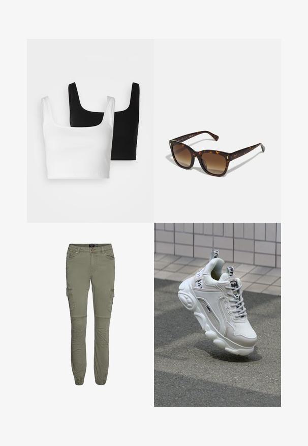 Even&Odd 2 PACK - Topper - black/white; Olivenfargede cargo-bukser i slitesterk bomullsmiks med avsmalnende mansjetter, flere lommer og kneplisser for økt bevegelighet.; Hvit sneaker laget av mesh og lær, rund tå, tykk såle, fremtredende lisser, og merkevare på hælen og tungen.; Søtterskall firkantede solbriller med gradient brune linser, med gullfargede detaljer på bøylene og en tykk, glanset ramme.