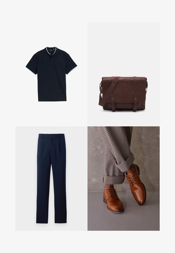 Sötétkék pólóing texturált anyagból, álló gallérral, három gombbal és világoskék díszítéssel a galléron és az ujjakon.; Sötétkék nadrág sima anyagból, egygombos záródással, pliszírozással és egyenes lábakkal. Minimalista dizájn, jelentős minták nélkül.; Barna bőrcipők kerek orral, öt szemlyukú fűzős kialakítással és eltérő sötét fűzőkkel rendelkeznek. A nadrág kockás, a szárán fel van hajtva.; Barna bőr válltáska, lapos elülső fedéllel, két pánttal, arany színű fém kiegészítőkkel és állítható vállpánttal.