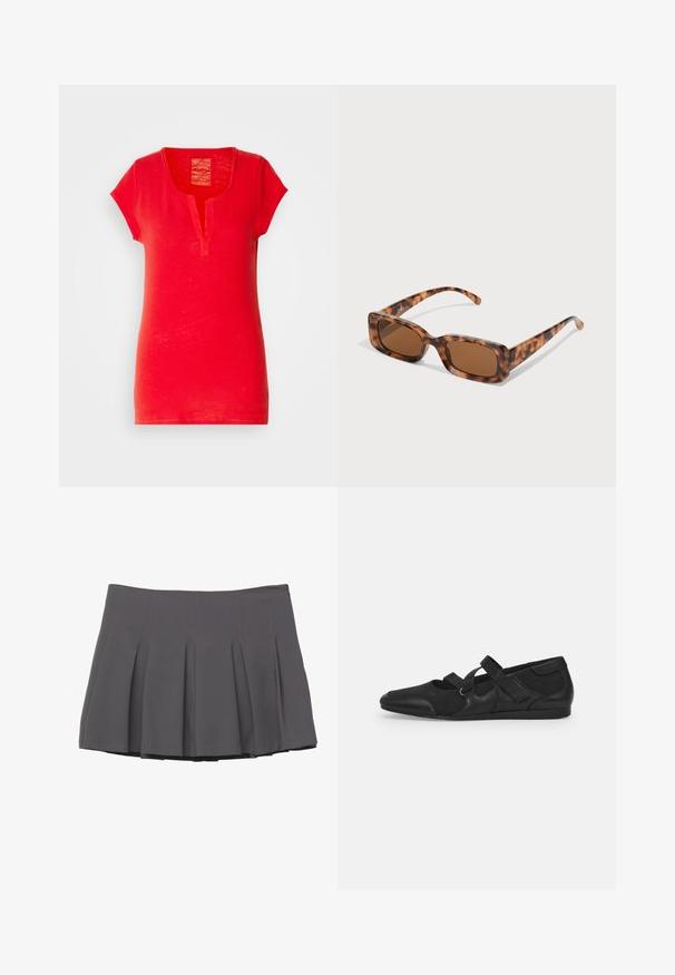 T-shirt di cotone rosso con maniche corte, colletto con scollo a V e finitura testurizzata. Presenta un design semplice e dritto senza motivi.; Gonna grigia a pieghe con texture liscia, caratterizzata da dettagli cuciti e una vita aderente, che termina a metà coscia.; Scarpe nere senza tacco con una parte superiore morbida e testurizzata, dotate di due cinturini regolabili e un design a punta arrotondata, montate su una suola piatta in gomma.; Occhiali da sole tartarugati con lenti rettangolari marroni, una montatura spessa e stanghette sottili con un motivo di diverse tonalità di marrone.; Orecchini a cerchio in argento con una finitura liscia e lucida. Forma rotonda e chiusura a scatto sicura. Design leggero adatto per l'uso quotidiano.