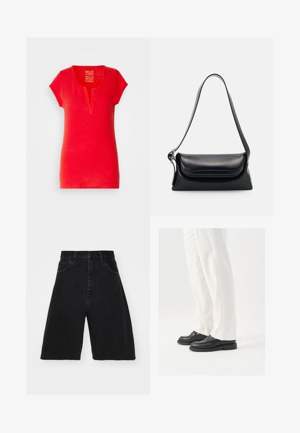 Piros pamut póló rövid ujjakkal, kiemelt gallérral és texturált felülettel. Egyszerű, egyenes fazonú, minta nélküli.; Fekete farmer rövidnadrág magas derékkal, széles lábakkal, öt zsebbel és gombos záródással. Sima textúra, minimális fakulással.; Fekete bőr loaferek sima textúrával, varrásos részletezéssel és kerek orral, fehér, szabott nadrággal párosítva.; Fekete bőr kézitáska, amelynek struktúrált formája, sima textúrája és egyetlen vállpántja van. Finom, lekerekített fedél kialakítással rendelkezik.