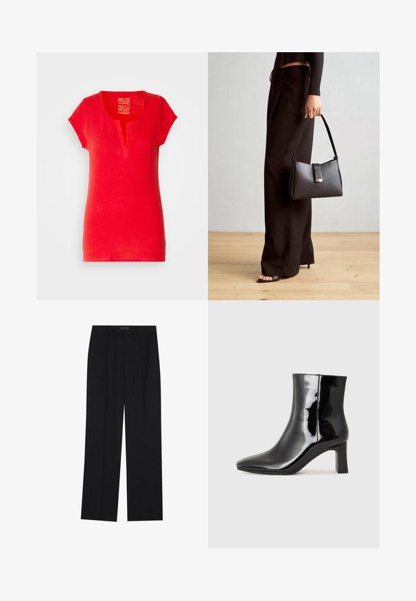 Červené bavlněné tričko s krátkými rukávy, s límcem ve tvaru výstřihu a texturovaným povrchem. Má jednoduchý, rovný design bez vzorů.; Černé kalhoty se střihem rovného nohavice, které mají dvě přední kapsy a pas. Vyrobené z hladkého, lehkého materiálu.; Černé lakované kotníkové boty s špičatou špičkou a středně vysokým blokovým podpatkem. Hladká textura a minimalistický design.; Černá kabelka se strukturovaným tvarem, hladkým povrchem a kovovým uzávěrem. Kombinována s širokými černými kalhotami a sandály s otevřenou špičkou na dřevěné podlaze.