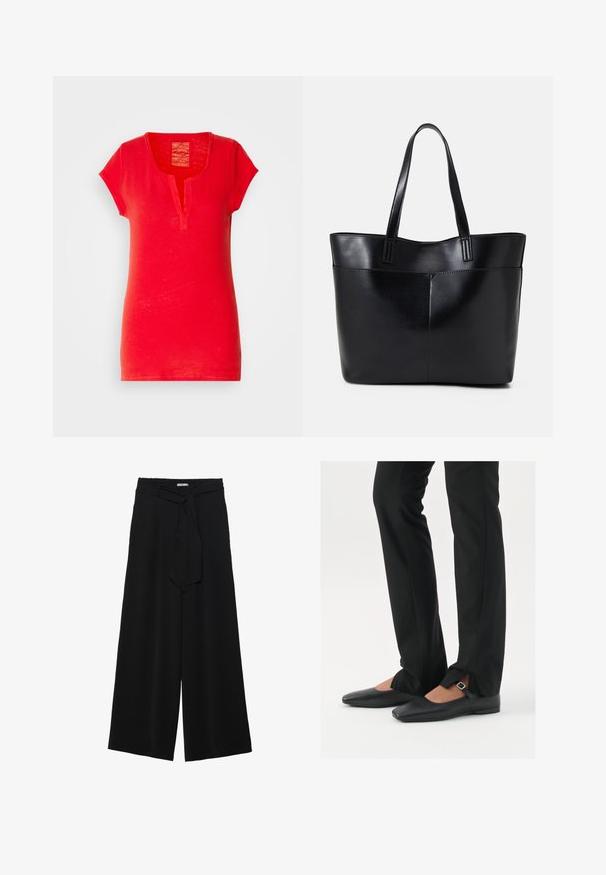 Red cotton t-shirt with short sleeves, a notch collar, and a textured finish. Features a simple, straight design without patterns.; Black wide-leg pants featuring a textured fabric, an elastic waistband, and a detachable sash tie at the waist for adjustable fit.; Black leather ballet flats with a pointed toe, strap with silver buckle, paired with black tailored pants featuring a slit hem.; Black leather tote bag with two long handles, a smooth texture, and a structured shape. Features a front pocket for additional storage.; Silver hoop earrings with a minimalist design. Circular shape, smooth texture, and thin profile. Lightweight with a polished finish.