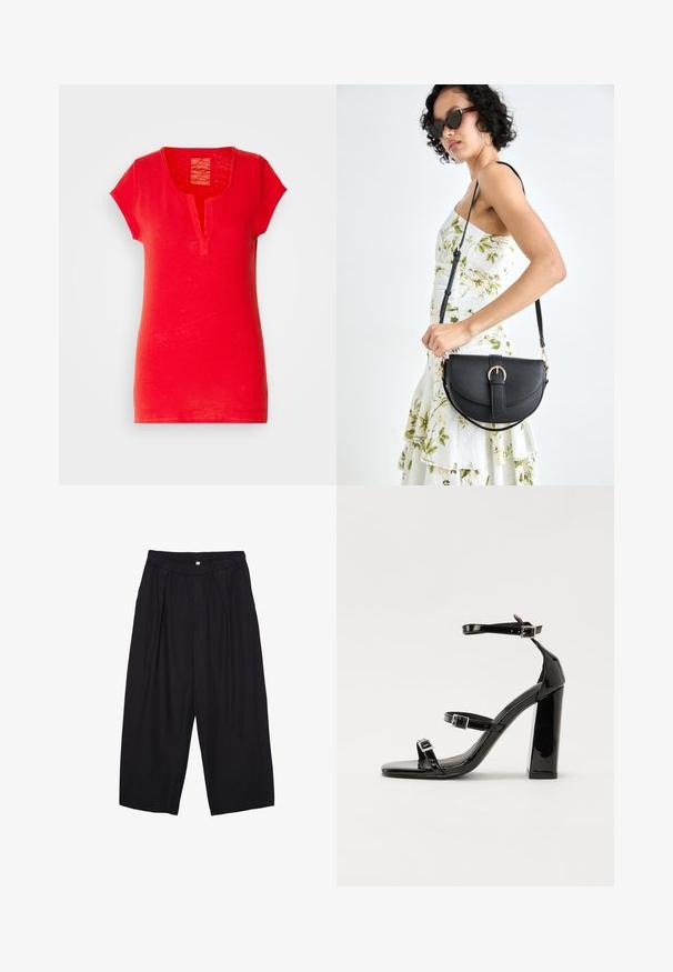 Červené bavlnené tričko s krátkymi rukávmi, klopeným golierom a štruktúrovaným povrchom. Má jednoduchý, rovný strih bez vzorov.; Čierne polyesterové culotte nohavice s elastickým pásom, dvoma prednými záhybmi a voľným strihom. Žiadne viditeľné vzory ani detaily z kovu.; Čierne lakované sandále na podpätku so štvorcovou špičkou, navlečenými remienkami okolo členku a striebornými prackami. Disponujú masívnym blokovým podpätkom pre stabilitu.; Čierna kožená kabelka s zaobleným tvarom, odnímateľným popruhom a zlatými doplnkami. Kabelka má klopu s detailom s prackou.