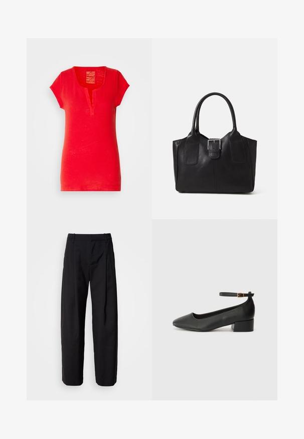 Red cotton t-shirt with short sleeves, a notch collar, and a textured finish. Features a simple, straight design without patterns.; Black trousers with a relaxed fit, pleated front, and belt loops. Smooth fabric and straight legs, featuring side pockets.; Black leather pump with a pointed toe and a low block heel. Features an ankle strap with a gold-tone buckle. Smooth texture.; Black leather tote bag with smooth texture, structured shape, two handles, and a prominent silver buckle detail on the front.