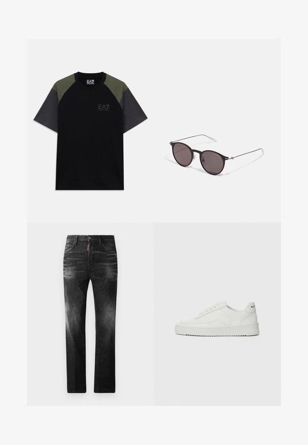 Lühikeste varrukatega must T-särk, millel on oliivrohelised õlavarred, tumehallid varrukad ning EA7 Emporio Armani logo rinnal ja krae sildil.; Mustad denim püksid otse lõikega. Omavad kulunud piirkondi, väikseid kahjustusi, klassikalist viit taskut ning nööpkinnitust.; Valge nahast tennis, millel on sile põhi, ümar varvas, lamedad nöörid ja tekstuuriline tall. Sisaldab diskreetset logo kontsaribal.; Mustad mustad prillid tumedate läätsedega ja õhukeste metallist käepidemetega. Kaarja kujuga seljaosa ja hõbedased aktsendid hingel. Minimalistlik disain.