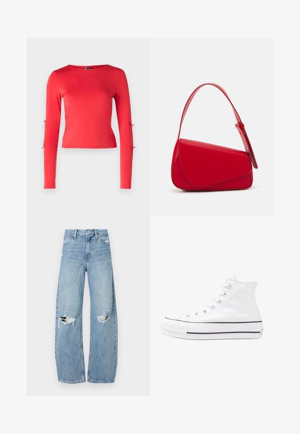Top longo vermelho de mangas, feito de material suave. Possui um decote redondo e laços nas mangas externas para um ajuste ajustável.; Jeans de lavagem clara, de cintura alta, feitos de denim. Apresentam pernas largas, duas áreas rasgadas nos joelhos e o estilo clássico de cinco bolsos.; Sapatilha alta de tela branca com sola de borracha preta, bico de borracha na frente e seis ilhós para os atacadores, apresentando um design limpo e minimalista.; Bolsa de mão em couro vermelho com um design angular e geométrico. Apresenta uma única alça ajustável e um fecho com aba, com detalhes cosidos.
