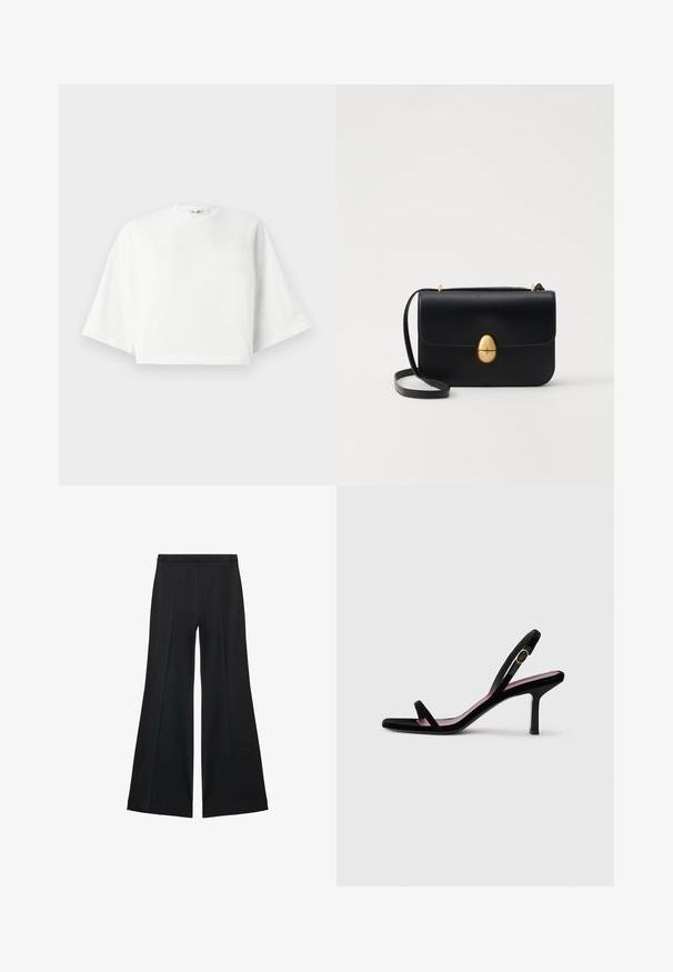 Witte, cropped t-shirt met een relaxte pasvorm, korte brede mouwen, ronde halslijn en zijsplitten, gemaakt van zacht katoen.; Zwarte wijde-pijpen broek met een gladde textuur, gekenmerkt door voorplooien en een op maat gemaakte uitstraling. De stof is lichtgewicht en vloeiend.; Zwarte suede dames hooggehakte sandaal met smalle bandjes en een gouden gesp op een witte achtergrond, zijaanzicht.; Zwarte leren handtas met een gestructureerde rechthoekige vorm. Voorzien van een gouden ovale sluiting en een dunne schouderband. Glad van textuur.