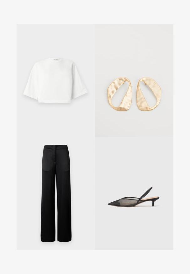 Camiseta branca cropped com ajuste relaxado, mangas curtas largas, decote redondo e fendas laterais, feita de material de algodão macio.; Calças largas pretas com uma superfície texturada, apresentando uma cintura plana e dois bolsos laterais. O tecido parece leve e fluido.; NEOUS IRENA - Saltos clássicos - black; Par de brincos irregulares em forma oval, feitos de metal dourado, com uma superfície texturizada e ligeiramente martelada, sobre um fundo branco.