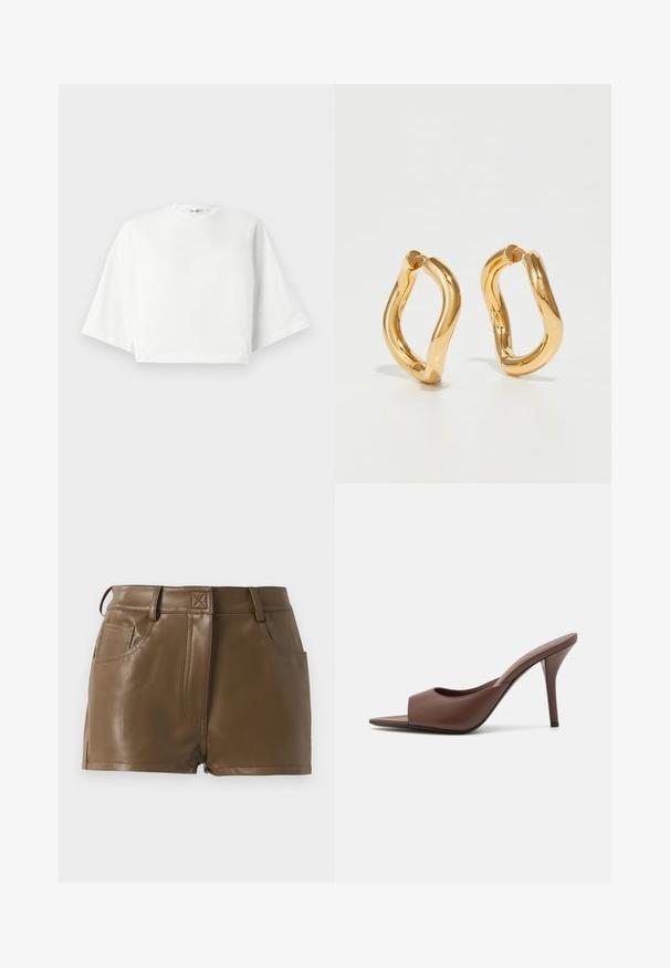 White cropped t-shirt with relaxed fit, short wide sleeves, round neckline, and side slits, made from soft cotton material.; Brown faux leather shorts with a fitted design, waistband with belt loops, front pockets, and visible stitching details.; Brown leather open-toe high-heeled mules with a sleek design, featuring a wide front strap and a slender stiletto heel.; Gold-colored hoop earrings with a curved, irregular shape and a smooth, polished texture. No visible hardware or accents.