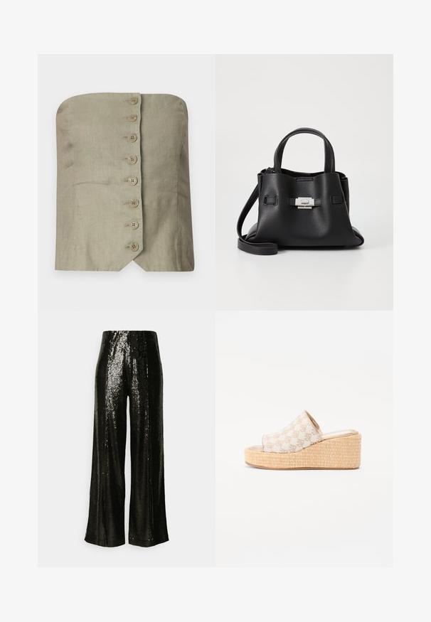 Top bez naramenica od svijetlozelene lanene tkanine s ravnim dekolteom, s šest velikih, okruglih dugmadi sprijeda i špicastim rubom.; Crne široke hlače sa šljokicama, glatke teksture i visokog struka, koje reflektiraju svjetlost sjajnim završetkom.; Sandal s potpeticom s gornjištem od bež uzorka, otvorenim prstima i teksturiranom pletenom jute platformom. Zlatni naglasci na ulošku.; Crna kožna torba s teksturiranim završnim obradom, koja ima dva gornja ručka, odvojivu naramenicu i detalj s srebrnim kopčanjem.