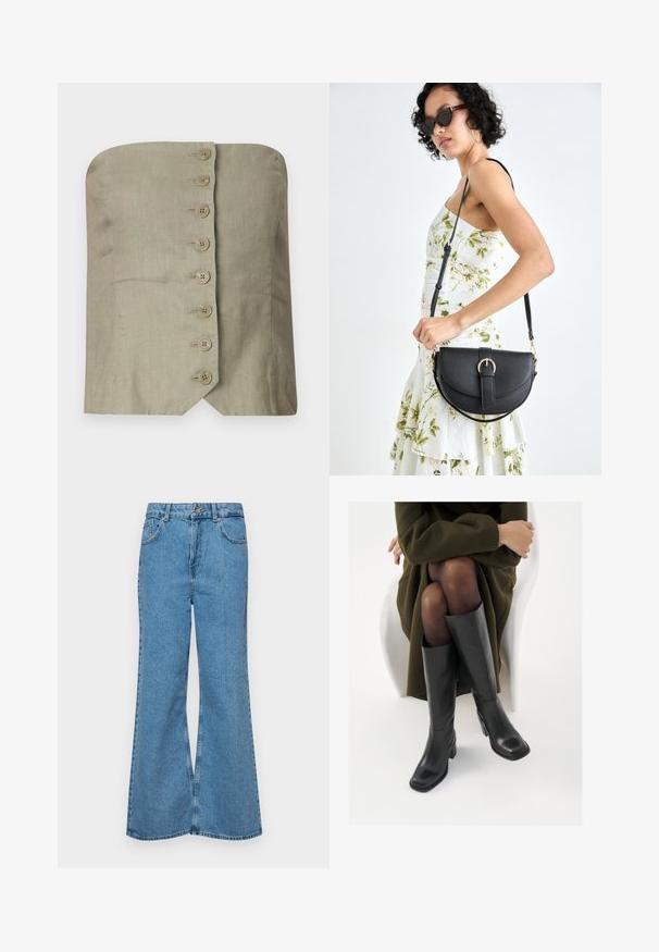Top sin tirantes en lino verde claro con escote recto, presenta seis grandes botones redondos en la parte delantera y un dobladillo en punta.; Jeans acampanados de color azul claro hechos de denim, con una cintura alta, cinco bolsillos y un cierre de botón. Textura suave con acabado desgastado.; Botas de cuero negro hasta la rodilla con puntera cuadrada y tacón de bloque, presentadas con un modelo sentado en un abrigo verde oliva. Textura suave, mínimo detalle.; Bolso de piel negra con forma curva, correa desmontable y herrajes dorados. El bolso cuenta con una solapa con un detalle de hebilla.