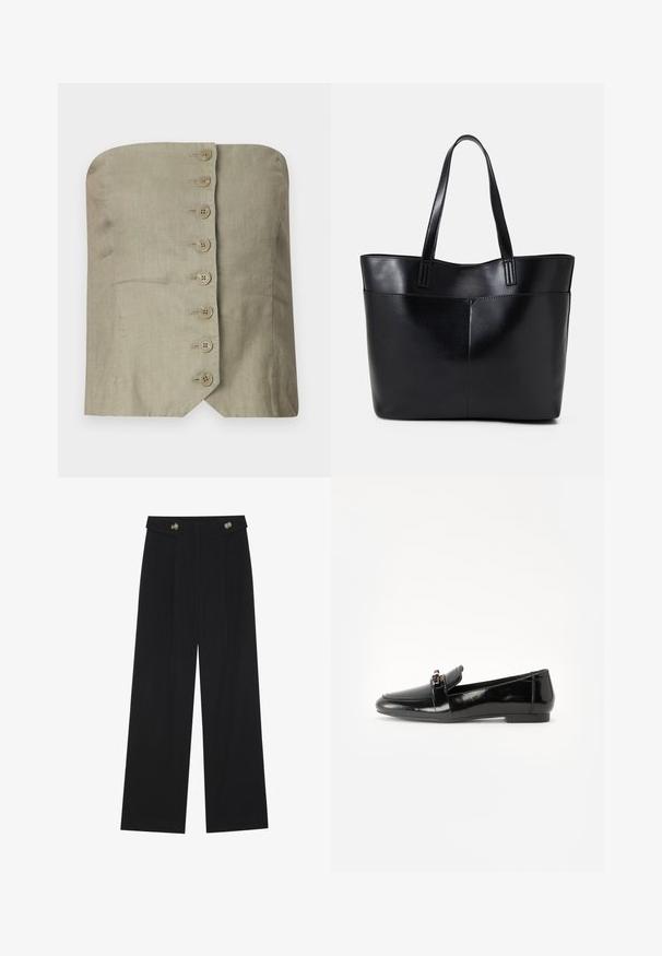 Top bez ramínek ve světle zeleném lnu se rovnou výstřihem, s šesti velkými kulatými knoflíky po přední části a špičatým lemem.; Černé široké kalhoty s vysokým pasem, detailní knoflíky na pase a přední záhyby.; Černé lakované mokasíny s plochou podrážkou, zaoblenou špičkou a ozdobným páskem se zlatým akcentem. Hladký, lesklý povrch.; Černá kožená taška s dlouhými ušima, hladkým povrchem a strukturovaným tvarem. Obsahuje přední kapsu pro další úložný prostor.