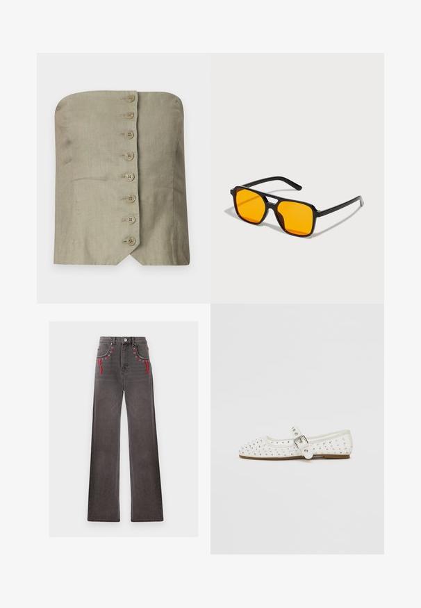 Top bez ramienok v svetlozelenej ľanovej látke s rovnými okrajmi, s šiestimi veľkými, guľatými gombíkmi na prednej strane a špicatým lemom.; Široké nohavice s vysokým pásom vyrobené z vyblednutej čiernej denimovej tkaniny s červenými šnúrkami a kovovými očkami na predných vreckách. Obsahuje klasické zapínanie na gombík a zips.; Biele ploché topánky s špicatou špičkou, zdobené striebornými cvočkami, majú pracku cez priehlavok a svetlohnedú podrážku.; Čierne obdĺžnikové slnečné okuliare so výraznými oranžovými šošovkami. Majú jedinečný dizajn mostíka a štíhle ramienka, vyrobené z ľahkého materiálu.