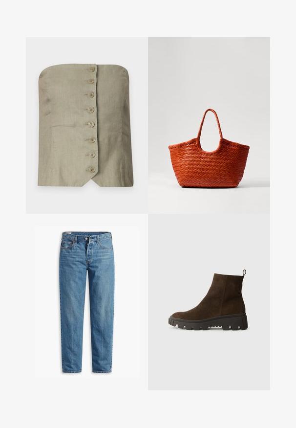 Top bez ramiączek w jasnozielonym lnie z prostym dekoltem, z sześcioma dużymi, okrągłymi guzikami z przodu i spiczastym dołem.; Niebieskie dżinsy z prostym krojem nogawki, z zapięciem na suwak, dwiema przednimi kieszeniami i delikatnym przetarciem na całej powierzchni materiału.; Brązowy zamszowy botek za kostkę z masywną czarną gumową podeszwą, posiadający lekki obcas i pętelkę z tyłu ułatwiającą zakładanie.; DRAGON DIFFUSION NANTUCKET pomarańczowy