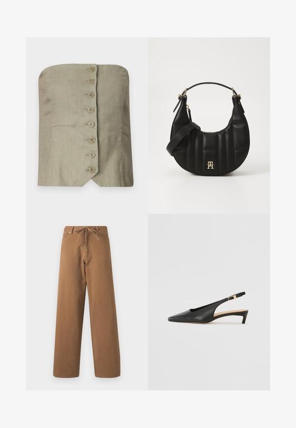 Olkaimeton paita vaaleanvihreästä pellavasta, suoran mallin kaula-aukolla, ja edessä on kuusi suurta pyöreää nappia sekä viisto helma.; Ruske leve hlače iz bombaža, ki imajo elastičen pas z vrvico in dve sprednji žepi. Teksturirana tkanina z gladkim zaključkom.; Musta nahkainen slingback-korkokenkä, jossa on terävä nenä, matala korko ja säädettävä nilkkarengas, jossa on kultasävyinen solki. Suora pinta.; Musta nahkalaukku, jossa on kaareva muoto, tikattu pinta ja kultaiset yksityiskohdat. Varustettu irrotettavalla olkahihnalla ja logopotkalla.