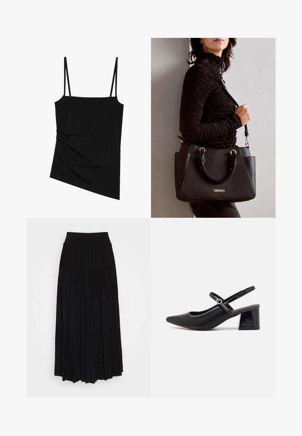 Schwarzes, ärmelloses Oberteil mit dünnen Trägern; hat ein drapiertes Design auf einer Seite und eine glatte Textur; aus dehnbarem Stoff gefertigt.; Schwarzer plissierter Rock mit breitem, dehnbarem Bund. Gefertigt aus weichem Stoff, mit vertikalen Falten für eine fließende Silhouette.; Schwarze Lackleder-Slingback-Absätze mit spitzer Zehenform, einem runden Ausschnitt-Design und einem Blockabsatz. Mit einem goldfarbenen Schnallenakzent.; Schwarze Handtasche mit strukturierten Oberflächen, doppelten Obergriffen und verstellbarem Schultergurt. Mit goldfarbener Hardware und Seitentaschen.
