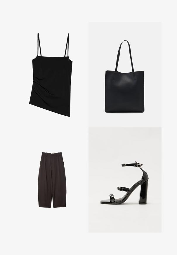 Črn brezrokavnik s tankimi naramnicami; vsebuje drapirano zasnovo na eni strani in gladko teksturo; izdelan je iz raztegljive tkanine.; Črne široke hlače iz gladkega materiala, z visokim pasom, zgornjimi pregibi in stranskimi žepi. Preprost dizajn brez okrasnih elementov.; Črne lakirane sandale s peto, kvadratnim prstom, trakovi okrog gležnja in srebrnimi zaponkami. Opremljene so s stabilno Debelo peto.; Črna usnjena torba s svilnato teksturo, pravokotne oblike in dvema dolgima ročajema. Brez vidnih metalnih delov ali okrasnih elementov.