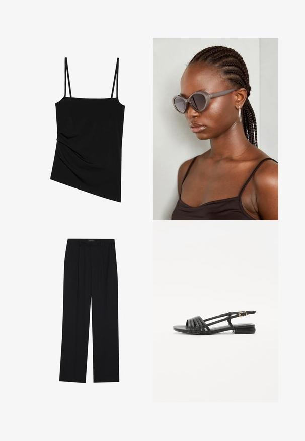 Zwarte, mouwloze top met dunne bandjes; heeft een gedrapeerd ontwerp aan één kant en een gladde textuur; gemaakt van rekbare stof.; Zwarte broeken met een rechte pijpontwerp, voorzien van twee voorkanten zakken en een tailleband. Gemaakt van een gladde, lichte stof.; Zwarte platte sandalen met een bandjesontwerp, voorzien van meerdere leren straps en een smalle enkelgesp. De zool is plat en rechthoekig.; Grijze oversized zonnebril met een ronde vorm en donkere lenzen. Strakke kunststof montuur met een gladde afwerking. Model heeft gevlochten haar.