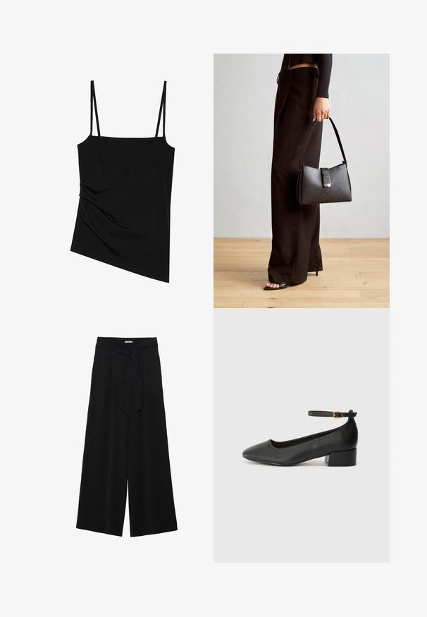 Sort, ærmeløs top med tynde stropper; har et draperet design på den ene side og en glat tekstur; lavet af strækbart stof.; Sorte vide bukser i en tekstureret stofkvalitet, med elastisk talje og et aftageligt bånd i taljen for justerbar pasform.; Sorte læderpumper med spids tå og en lav blokhæl. Har en ankelrem med en guldfarvet spænde. Glat tekstur.; Sort håndtaske med struktureret form, glat overflade og metalspænde. Sammen med brede sorte bukser og sandaler med åben tå på trægulv.