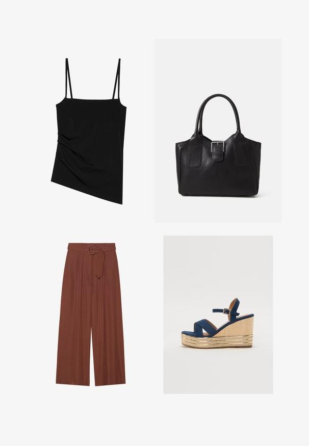 Top negru fără mâneci, cu bretele subțiri; are un design drapat pe o parte și o textură netedă; fabricat dintr-un material elastic.; Pantaloni evazați din țesătură maro, prevăzuți cu un curea cu cataramă pătrată, design pliat și textură netedă.; Sandale cu toc wedge de culoare bleu marin, cu curele încrucișate, o platformă din fibră naturală texturată și un accent metalic auriu pe bază.; Geantă tote din piele neagră cu textură netedă, formă structurată, două mânere și un detaliu proeminent din aliaj de argint pe partea din față.