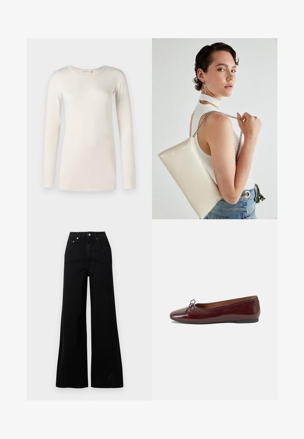 Langermet, kremfarget bomullskjorte med rund hals, myk tekstur og rett snitt. Ingen synlige mønstre eller design.; Svarte vidbukse jeans laget av denim, med høyt liv, fem lommer, knapplukking foran og minimale sømdetaljer.; Burgunderrød lakk lær ballettleilighet med rund tå, liten sløyfe foran og en lav, svart gummisåle. Glatt tekstur.; Hvit rektangulær clutch-veske laget av blankt materiale, med en sølvkjede-stropp. Modellen poserer og viser vesken mot en ensfarget bakgrunn.