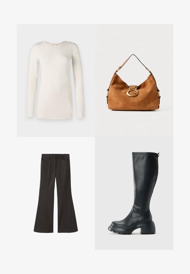 Dolga majica iz kremaste preje s krožnim izrezom, mehke teksture in ravnim krojem. Brez vidnih vzorcev ali oblik.; Črne razširjene hlače z visokim pasom; vključujejo dva sprednja žepa in gladko teksturo tkanine. Primerne za različne priložnosti.; Visoka črna usnjena škornja s debelim podplatnim solejem in blok peto, opremljena s potegom in strukturiranim profilom na podplatu.; Rjava nubuk torbica za ramo z zaobljeno obliko, z zlatim dodatkom za zapiranje in kontrastnim črnim robom. Ima enojni naramni trak za nošenje.