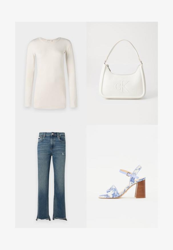 Dolga majica iz kremaste preje s krožnim izrezom, mehke teksture in ravnim krojem. Brez vidnih vzorcev ali oblik.; Modre jeans hlače iz jeansa s rahlo obrabo, neobdelanimi zaključki, sprednjimi žepi, zankami za pas in gumbno zapiranjem.; Modra sandal z cvetličnim vzorcem, s kvadratnim nosom, širokim trakom in nastavljivim gležnjevim trakom, ki ima teksturiran lesen blokast pet.; Bela usnjena torbica s ukrivljeno obliko, ki na sprednji strani nosi vžgano logo "CK" in ima eno naramnico. Zadrga za zapiranje na vrhu.