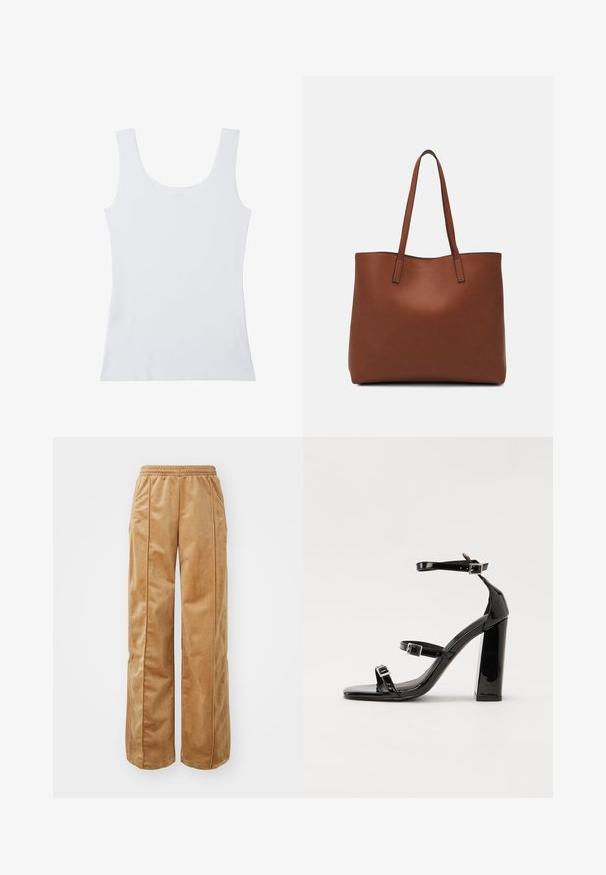 Canotta bianca senza maniche con spalline larghe e scollatura a girocollo, mostrata su uno sfondo bianco.; Pantaloni a gamba larga di colore beige, realizzati in un materiale morbido e vellutato. Presentano una vita elasticizzata e cuciture verticali sul davanti per un ulteriore dettaglio.; Sandali con tacco in vernice nera, con punta squadrata, cinturini alla caviglia e fibbie in argento. Presentano un tacco a blocco spesso per maggiore stabilità.; Borsa tote in pelle marrone con texture liscia, design con apertura superiore e due spallacci. Presenta cuciture minime e nessun hardware visibile.