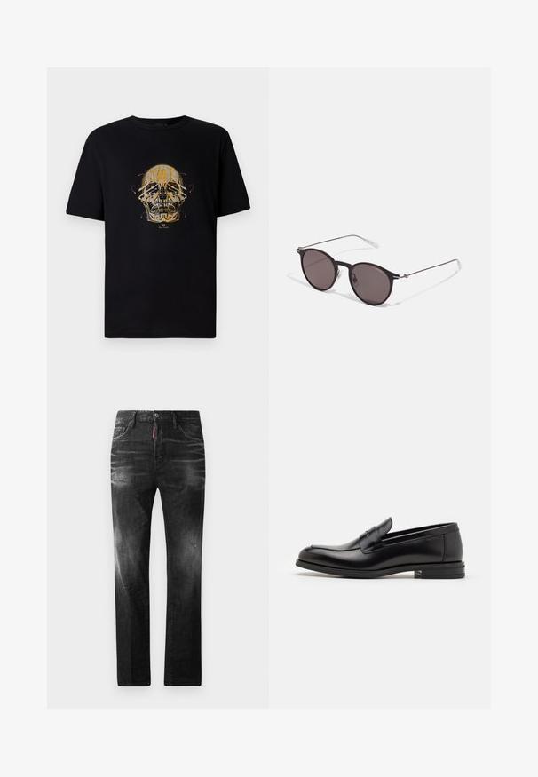 T-shirt preta de algodão com uma impressão gráfica de um crânio contornado em dourado e vermelho, com detalhes intrincados e um decote clássico em crew.; Jeans de denim preto com um corte reto. Apresentam áreas desbotadas, ligeira degradação, design clássico de cinco bolsos e um fecho de botão.; Mocassins de couro preto com uma textura suave, bico arredondado e uma faixa decorativa sobre o peito do pé. Salto baixo e empilhado, design minimalista.; Óculos de sol redondos pretos com lentes escuras e hastes metálicas finas. Inclui pontas de templo transparentes e detalhes em prata na dobradiça. Design minimalista.