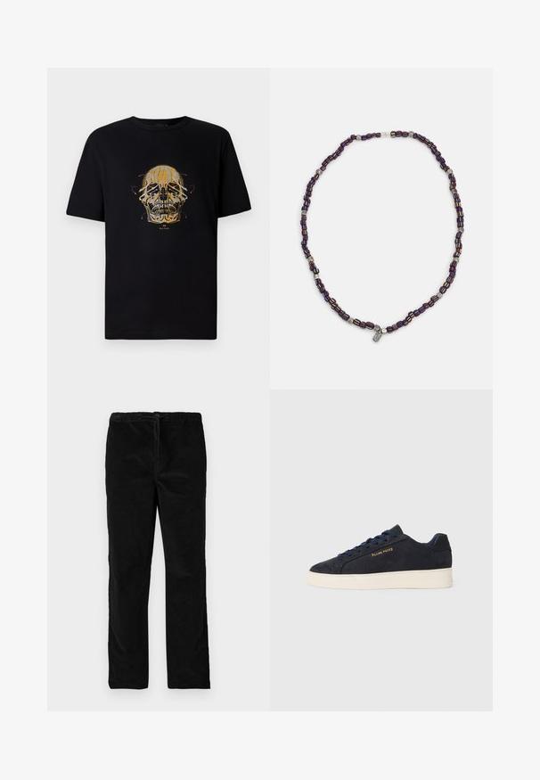 Juodas medvilninis marškinėlis, kuriame yra auksinės ir raudonos spalvos kaukolės grafika su sudėtingais raštais ir klasikiniu apvaliu iškirpimu.; Juodos tiesios blizgančios aksominės kelnės su elastinga juosmena ir priekyje esančia raišteliu, eksponuojamos prieš paprastą baltą foną.; Tamsiai mėlynos zomšos žemos batai su balta siaura, tamsiai mėlynais raišteliais ir auksiniu logotipu „Filling Pieces“ šone.; Daugiaspalvė karoliukų apyrankė su tamsiai mėlynais, raudonais ir geltonais karoliukais, išsidėsčiusiais kartu su sidabriniais akcentais ir kabamu žavesiu.