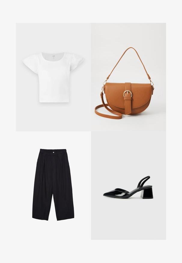 White short-sleeve cropped top with puffed shoulders and round neckline, made of ribbed fabric, from GAP in size medium.; Black polyester culotte pants with an elastic waistband, two front pleats, and a loose silhouette. No visible patterns or hardware details.; Black patent leather slingback heels with a pointed toe and a geometric block heel. Features a sleek, minimal design and smooth texture.; Brown leather crossbody bag with a curved shape, gold hardware, and a buckle accent. Features a detachable shoulder strap.