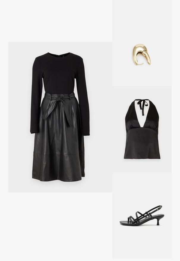 Must mustriga kaelus, valmistatud siledast kangast, sügava V-kaeluse, reguleeritava köitmisega kaelas ja väikse keskosa siluetiga.; Must have pikka mustade pikade varrukatega top ja must faux nahast seelik, millel on sidumisvöö ja sile, läikiv tekstuur.; Mustad musta kandaga sandaalid, millel on mitmed risti minevad rihmad. Sile materjal, terav nina ja kitsas konts. Reguleeritav pahkluuri rihm klambriga.; Must haben musta nahkklahviga kott, millel on klapp ja kuldne metallist pandla detail. Kaasas must rihm ja stiilne, minimalistlik disain.; Kuldtooni metallist kõrvarõngas, millel on elegantne ja kaarjas disain. Omab silmapaistvat teravat kuju, poleeritud pinda ja hingesulgemist.